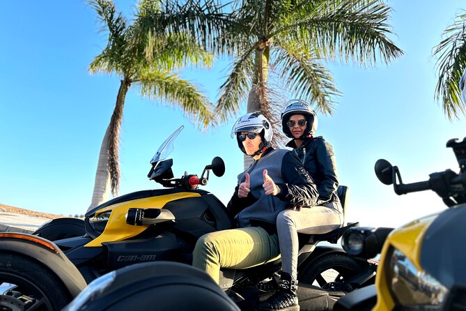 3 wheels motorcycle Coast Tour - Ryker - Gran Canaria Maspalomas - Playa de Amadores viewpoint: the hill climb and the sunset payoff