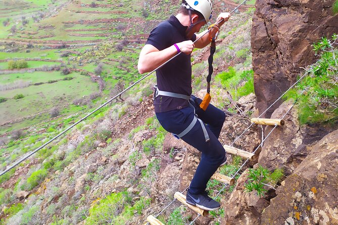 Climbing + Zipline + Via Ferrata + Cave. Adventure route in Gran Canaria - Via ferrata: safest movement on the mountain
